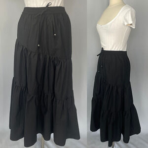 Tiered Broomstick Midi Skirt Size Medium Black Solid Fairy Whimsigoth Boho Goth